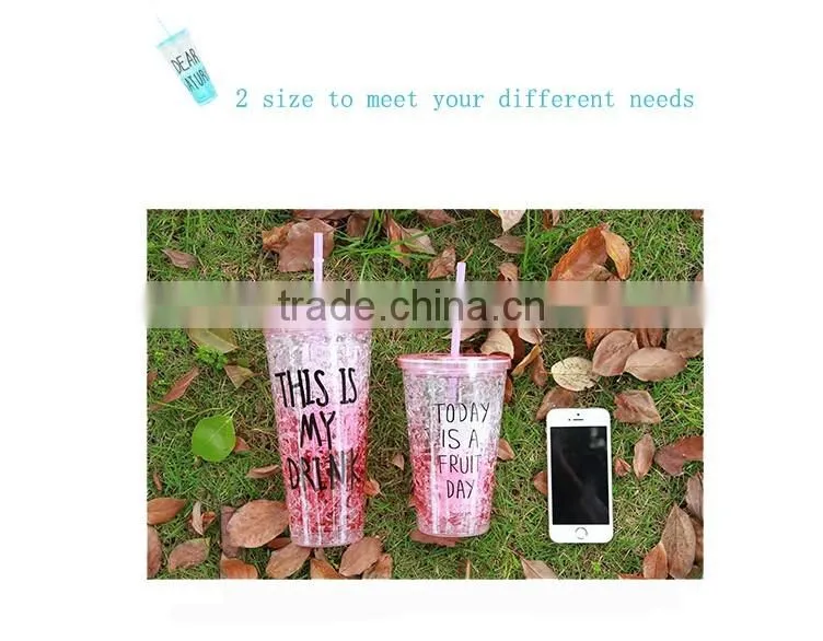 beautiful double wall plastic drinking mug with straw summer ice cup