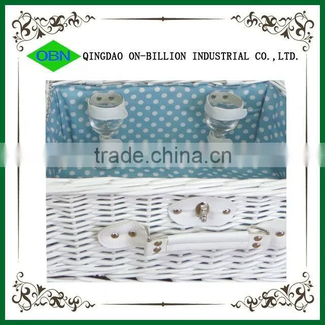 Mini white wicker 100% hand woven willow picnic basket for 2 person
