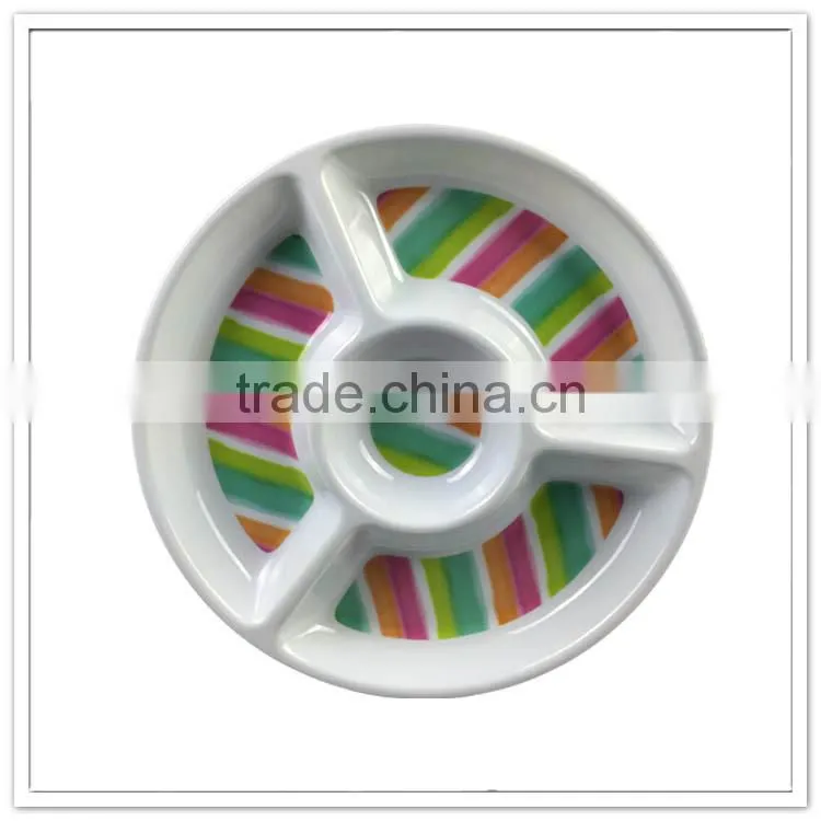 Restaurant melamine chip dip, 5 compartment round hotel used dinner plates