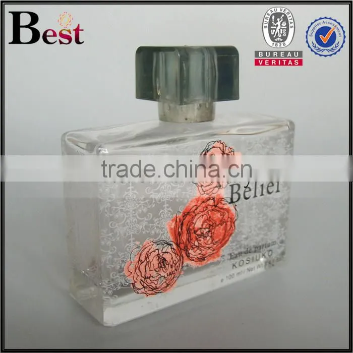 2017 cosmetic perfume bottle 100ml glass square perfume bottle 100ml glass clear perfume bottle 100ml glass with decals