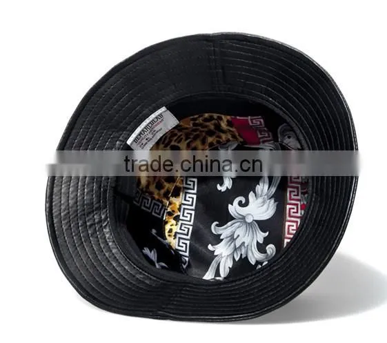 Woven Label Wholesale Cheap Custom Blank Black Leather Bucket hat