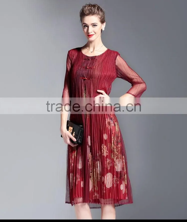 Grace flower printed false two pieces draped retro vintage dress for lady