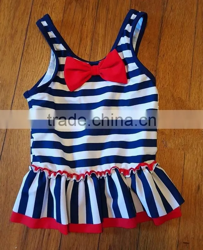 Blue and white stripes one piece suit baby swimwear with a bowknot