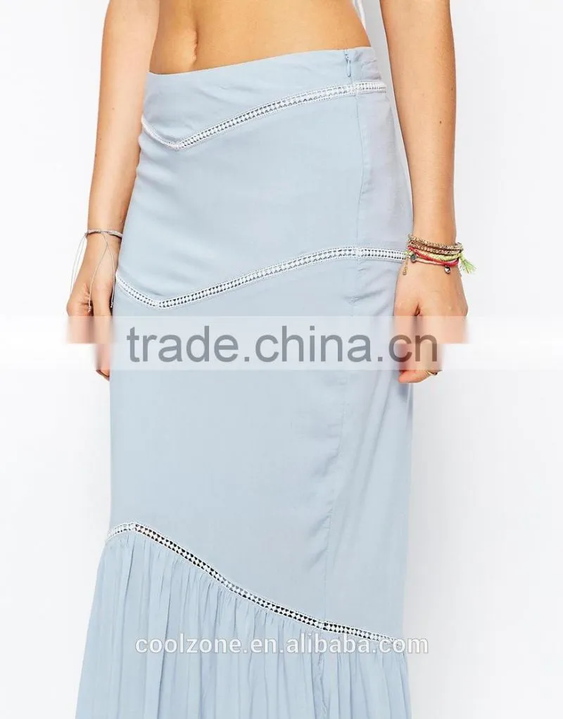 Embroidered trim fish tail hem long maxi women dress wholesale beach skirt