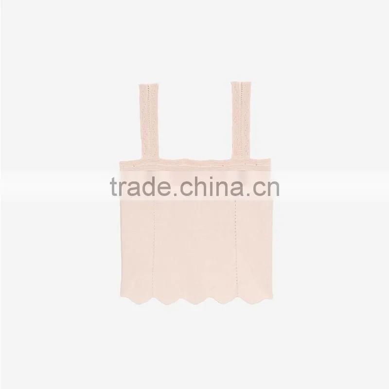Stitched knit geometric motifs wavy hem wide straps design tank tops
