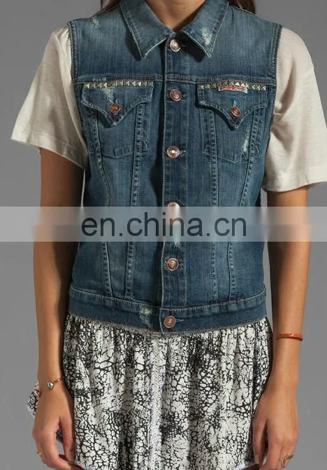 Ladies Fashion Studded Denim Vest - Clothing factories in China ( CV1002)