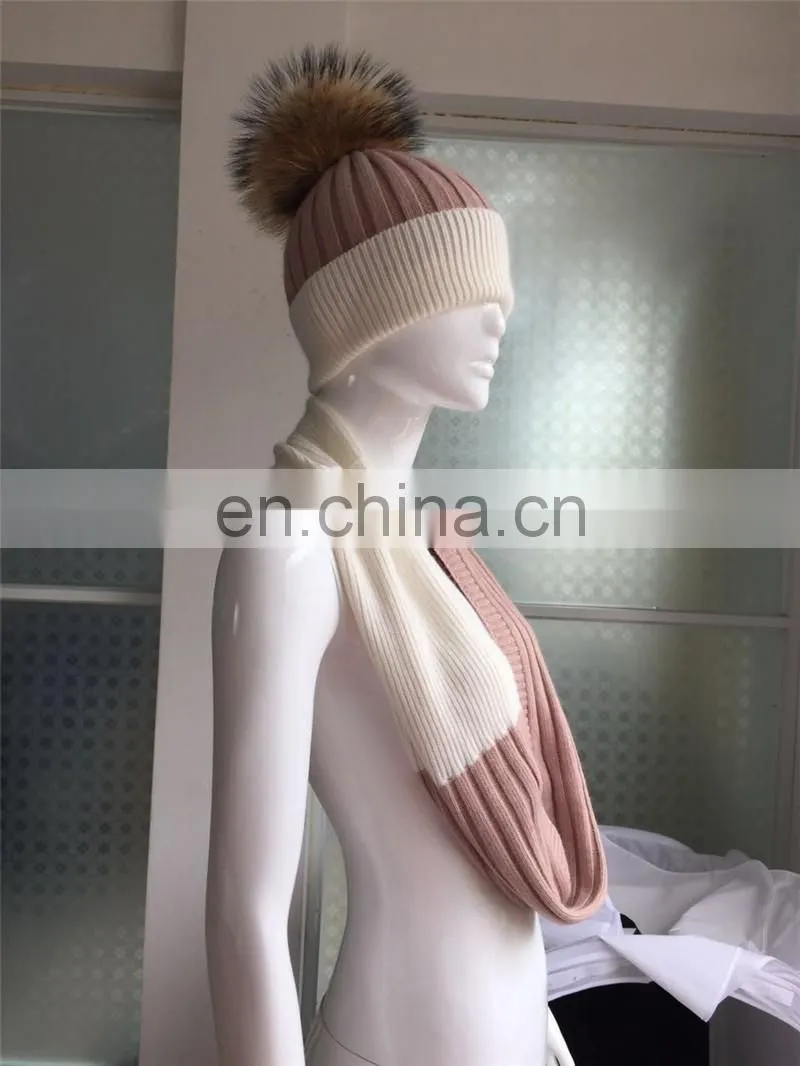 Thick Soft Shawl Fashion Winter Raccoon Fur Pom Hats Long Collar Scarf Hat Glove Sets