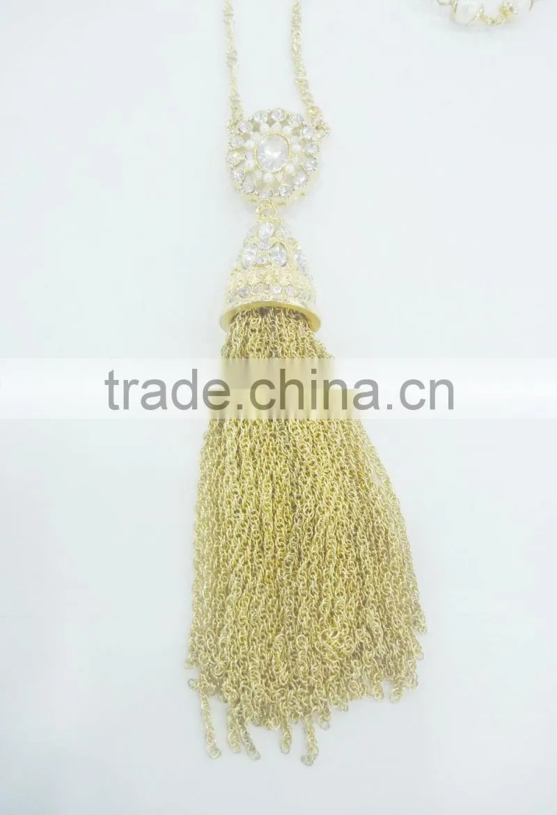 FASHION CHAIN TASSEL PEARL NECKLACE WITH CRYSTAL STONES