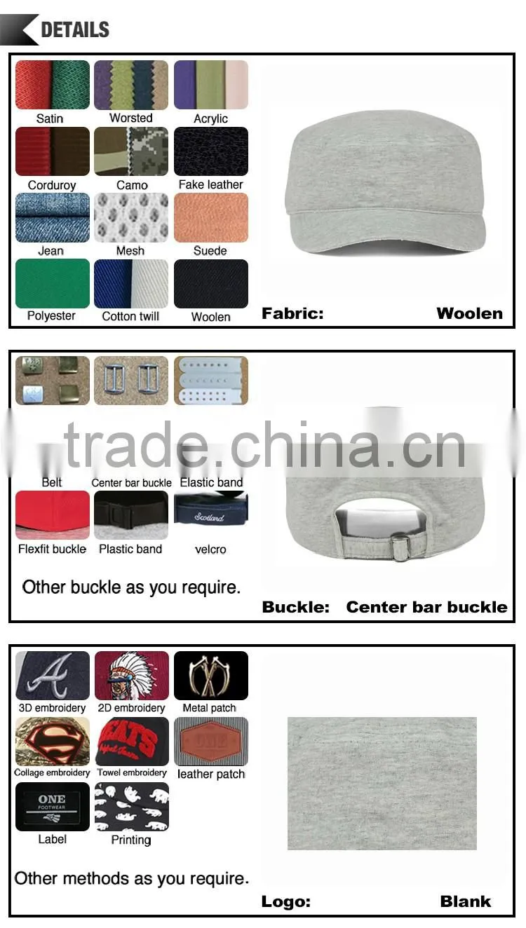 High quality metal buckle hat wholesale printing brim plain custom military cap