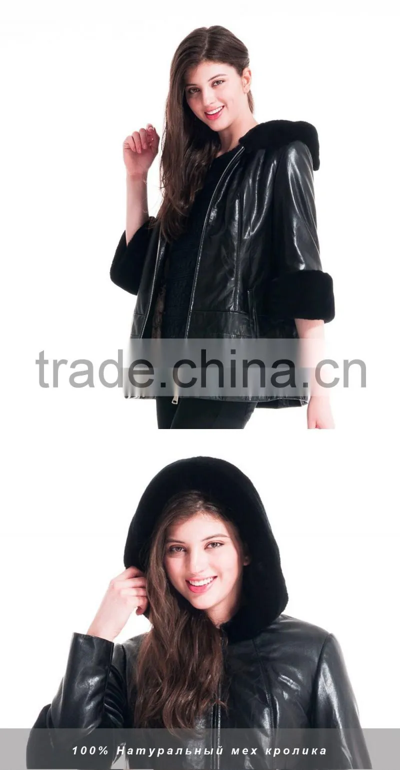 2016 New Design Winter Women Short Leather Coat With Rex Rabbit Hat Detachable Sleeveit Overcoat