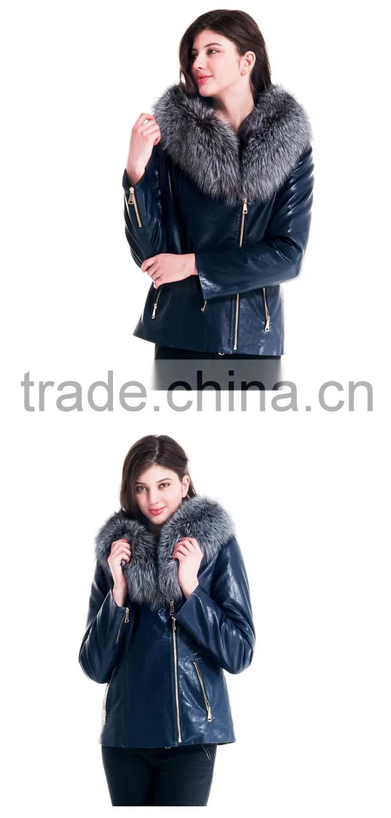 2015 New Design Women Leather Winter Jacket With Short Silver Fox Hat Overcoat