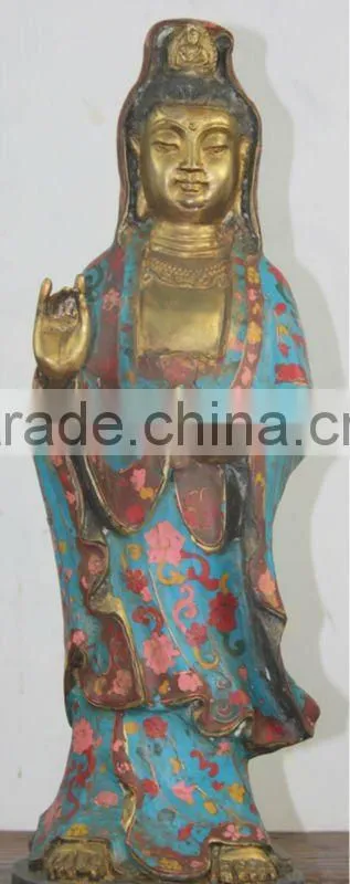 Chinese Antique Copper Standing Colorful Avalokiteshvara Statue