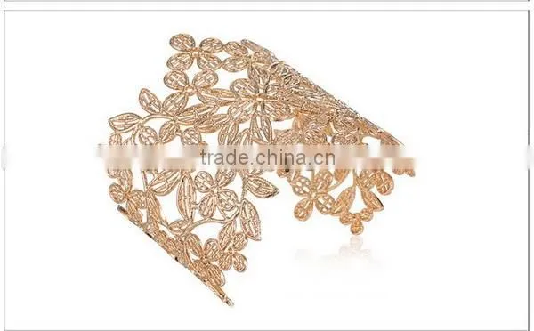 Gold Hollow Flower Women Wide Cuff Bracelet