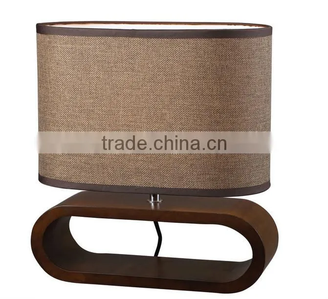 North European Style Vintage wooden base table lamp, Brown linen lamp shade, oval brown wood base