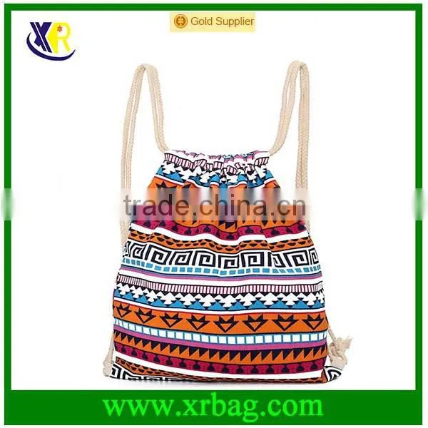 Custom fashion style pattern cotton canvas drawstring backpack bag