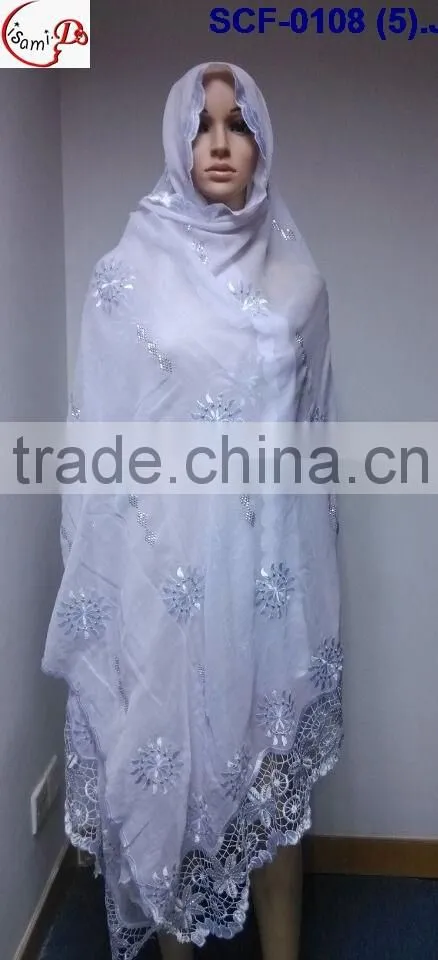 SCF -0108 white 2016 New coming design nice Muslim embroidery scarf ,shawls , pashmina shawl scarf , fashion women long scarf