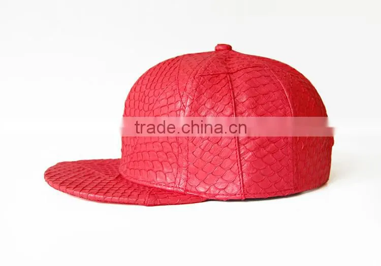 6 panel red color with good fishskin leather flat brim snapback caps