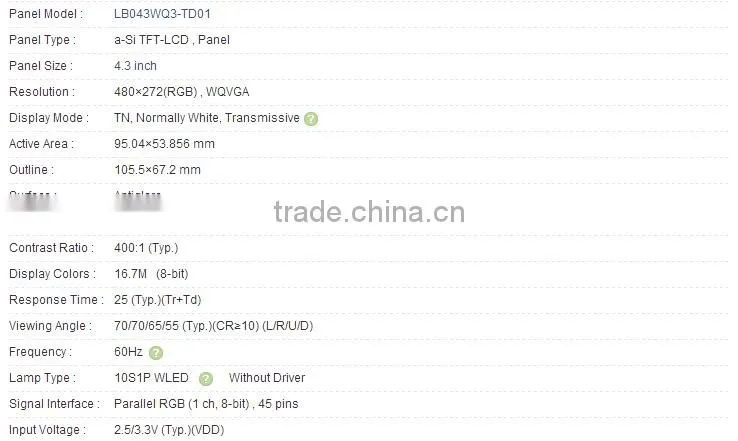 4.3 inch LB043WQ3-TD01 a-Si TFT-LCD Panel For LG