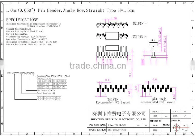 1.0mm Pitch Single Row Angle Pin Header