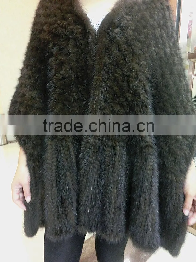 Luxury Knitted Mink Fur Cape / Wholesale Black Mink Fur Shawl