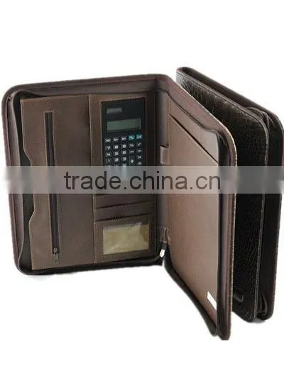wholesale personal leather portfolio with zipper/calculator /notepad
