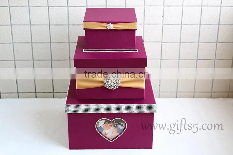 Elegant purple wedding card box in handmade with photo frame