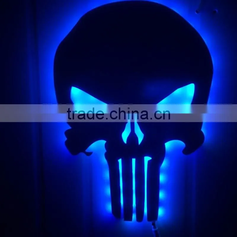 3D Punisher Mask Mirror Light, Halloween Decorative LED Colorful Remote Control Switch Lamp, Skull Decorative Wall Light Mirror