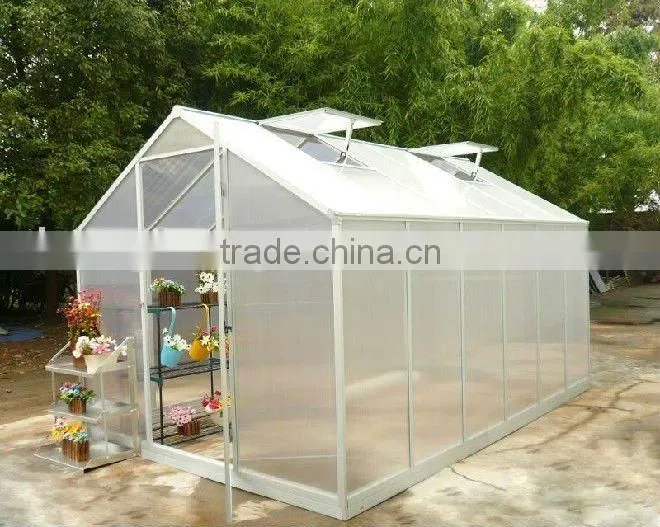 aluminum greenhouse with one lockable door and four roof windows