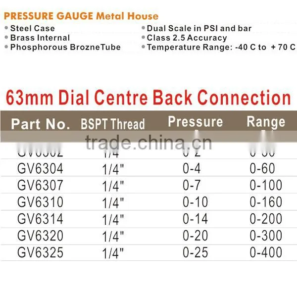 High Quality 63mm Brass Pressure Gauge GV6320