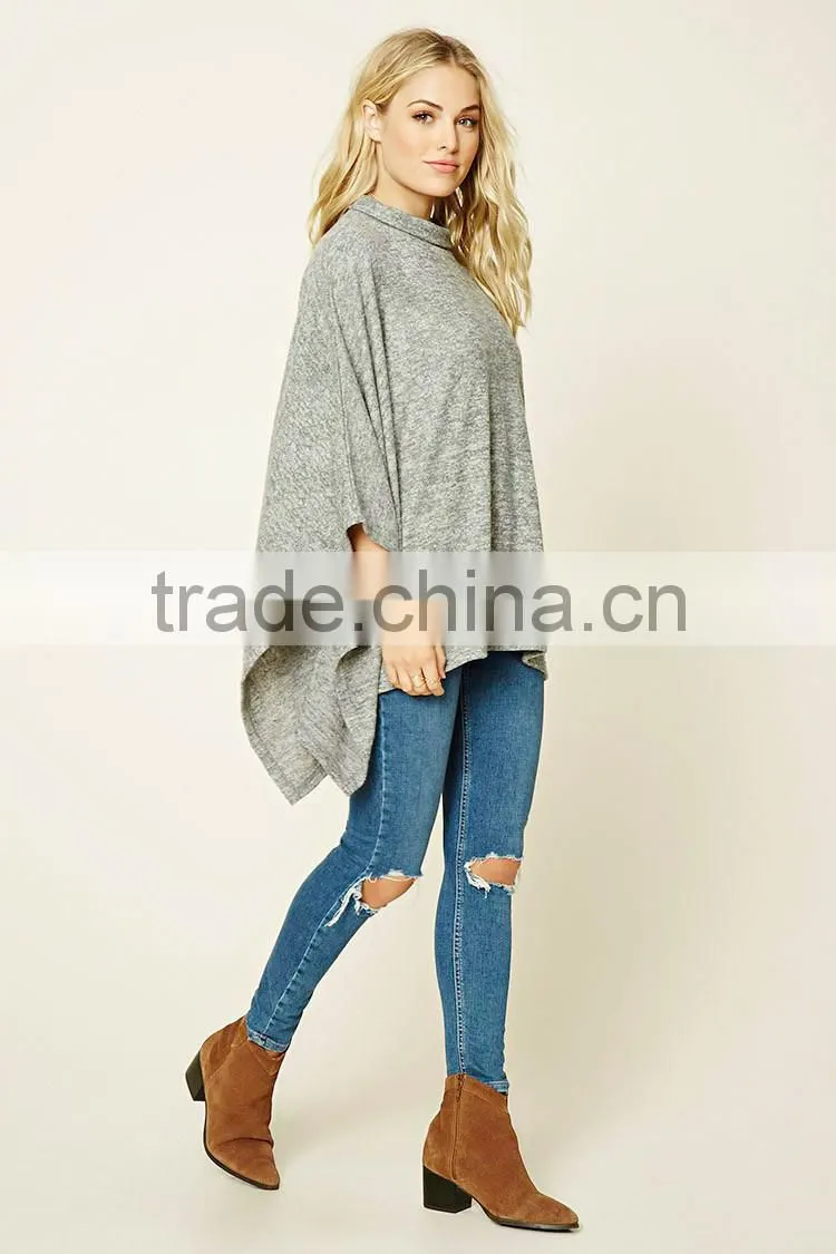 High Quality Custom Comfortable Girls Women Soft Knit Mock High Neck Poncho Pullover Draped Cape Flare Sleeves Blouses Tops