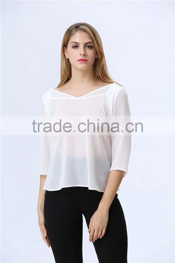 See-through White Chiffon Three Quarter Sleeve Casual Loose Blouse/Top for Ladies/Women