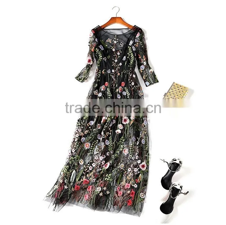Maxnegio maxi dress woman long sleeve embroidery guinea brocade women casual dress