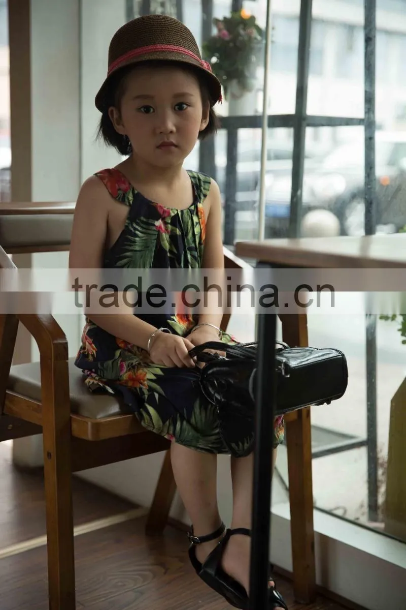 fashion 2016 girl sleeveless strap dress bright color printed flower girl dress
