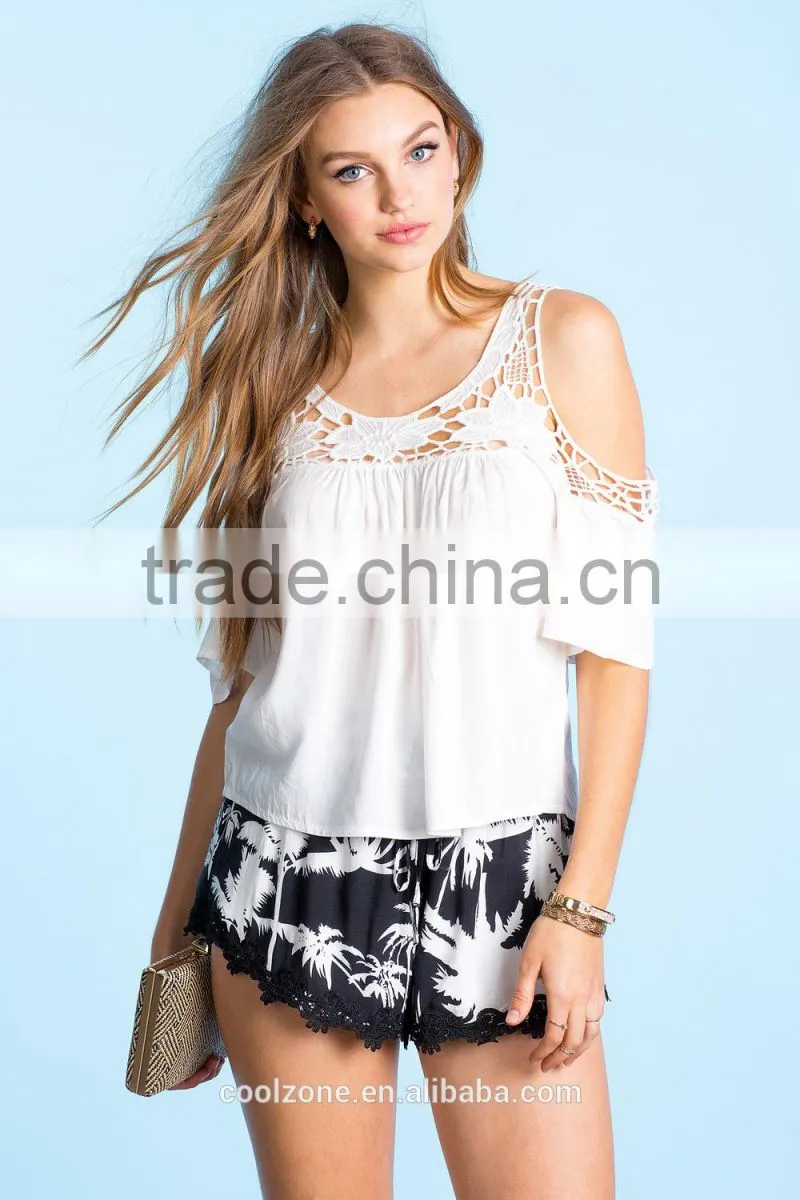 Hot selling cold shoulder crochet embellished blouse/fashion woman blouses