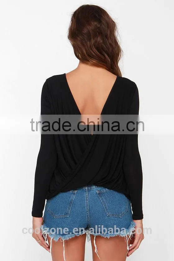 2015 fashion lady long sleeve twist back high neck backless blouse