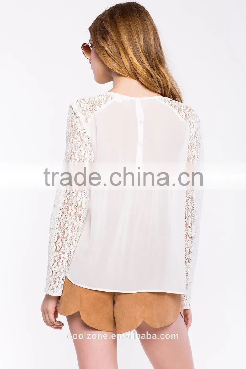 Contrast solid body sweetheat hem white lace blouse,women crocheted blouses