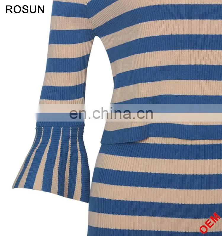 Women's Flare Sleeves Strips Long Knit Skirt Suits