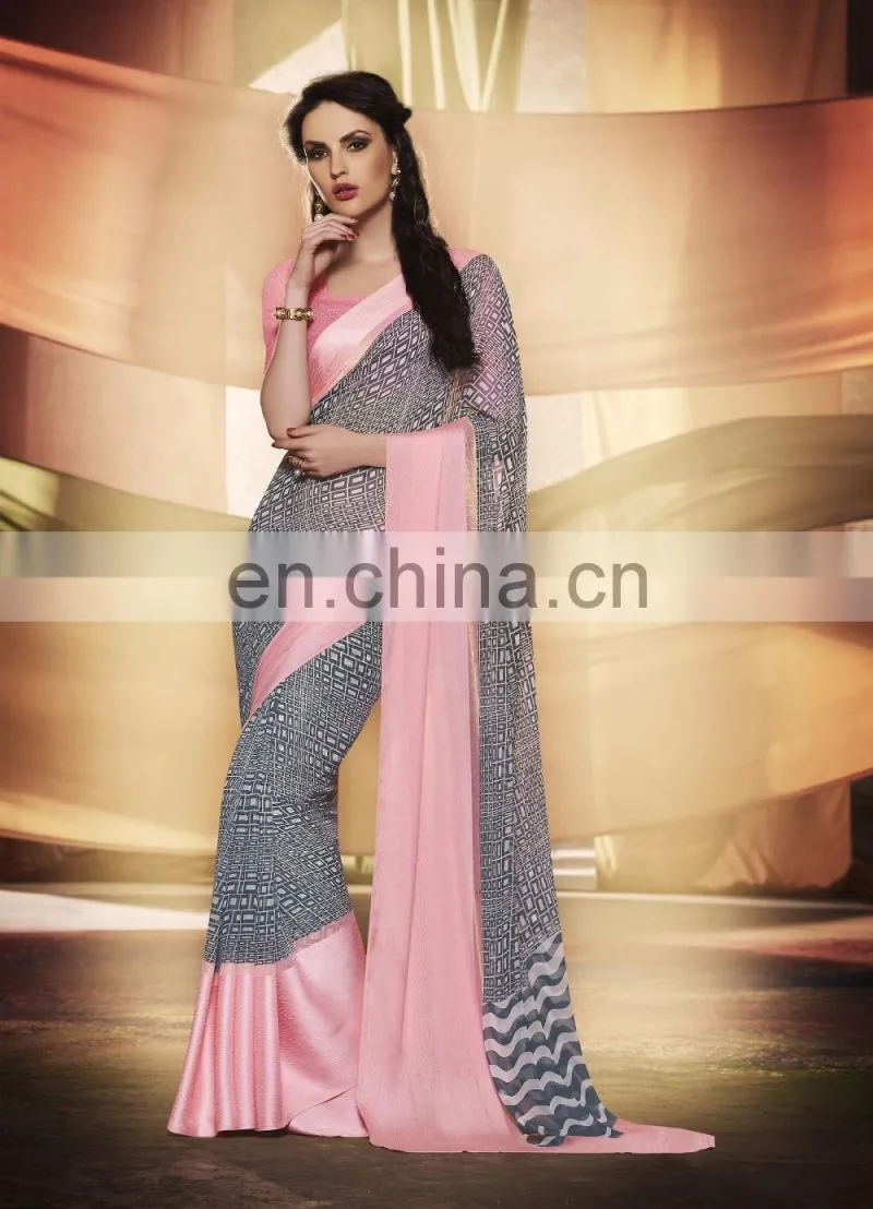 Orange Colored Georgette Satin Printed Saree
