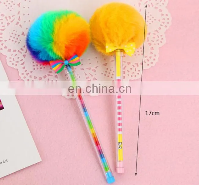rainbow pom pom pen fur gel ink pen