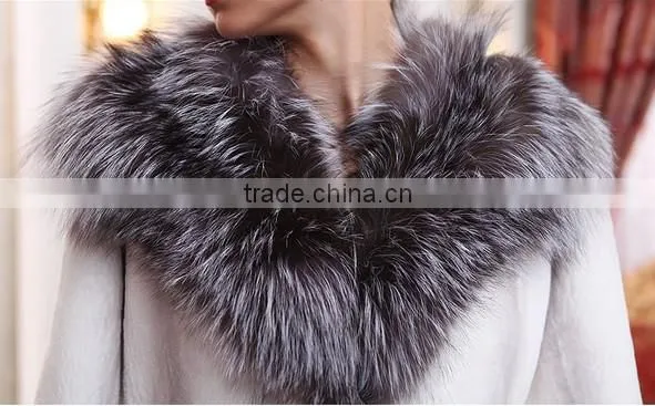 rex14014 white women's rex rabbit fur coat with fox collar