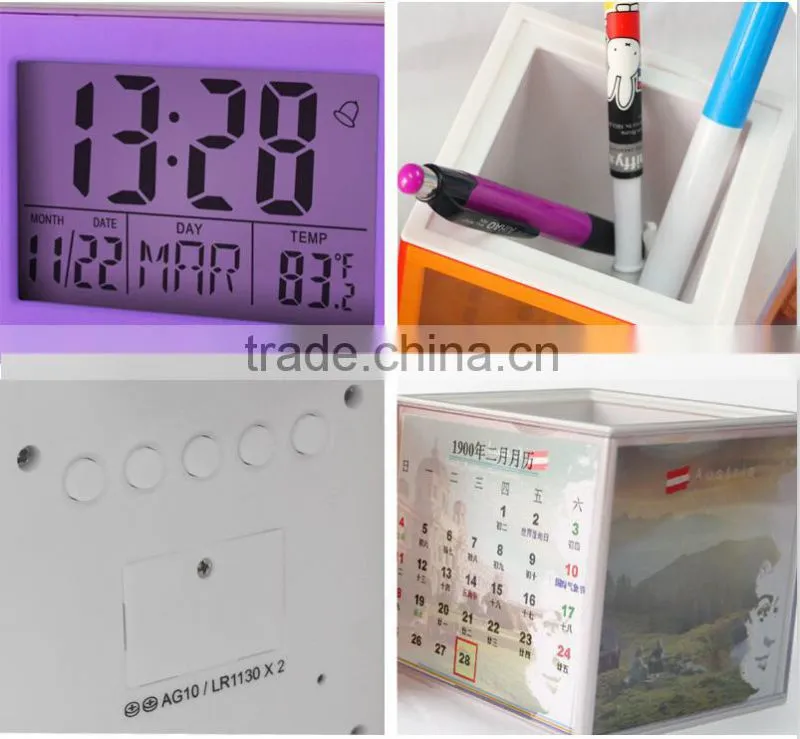 factory custom calendar pen holder with clock