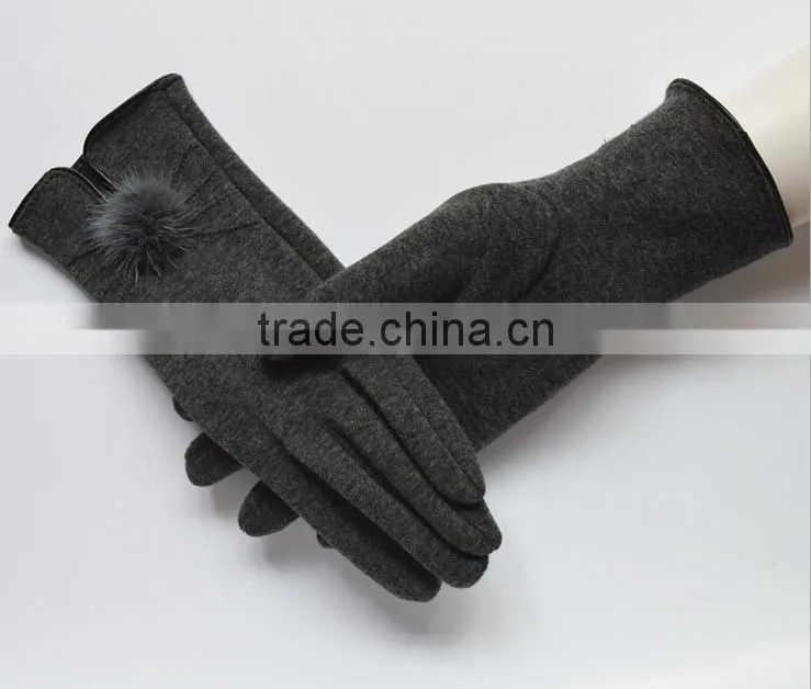 Wholesale Comfortable Winter Girls Rabbit Fur balls Cuff Thick Wool Gloves