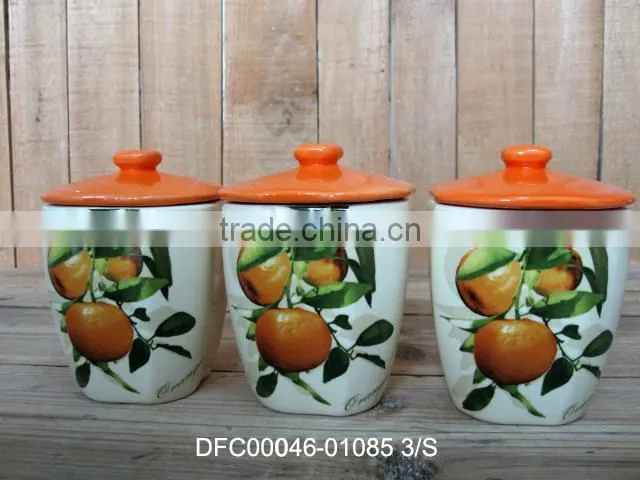 Orange Decal Ceramic Kitchen Utensil Holder/ Organizer with Wooden Spoons & Iron Stirrer
