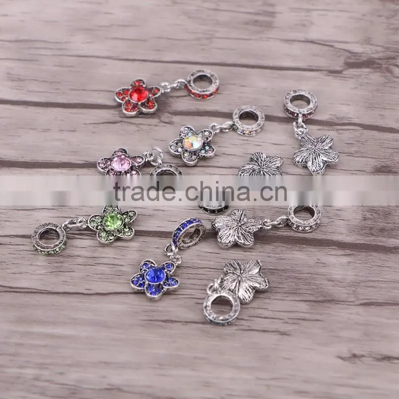 European Dark silver Flower with Crystal hanging pendant dangle bead charm Fits Charm Bracelets