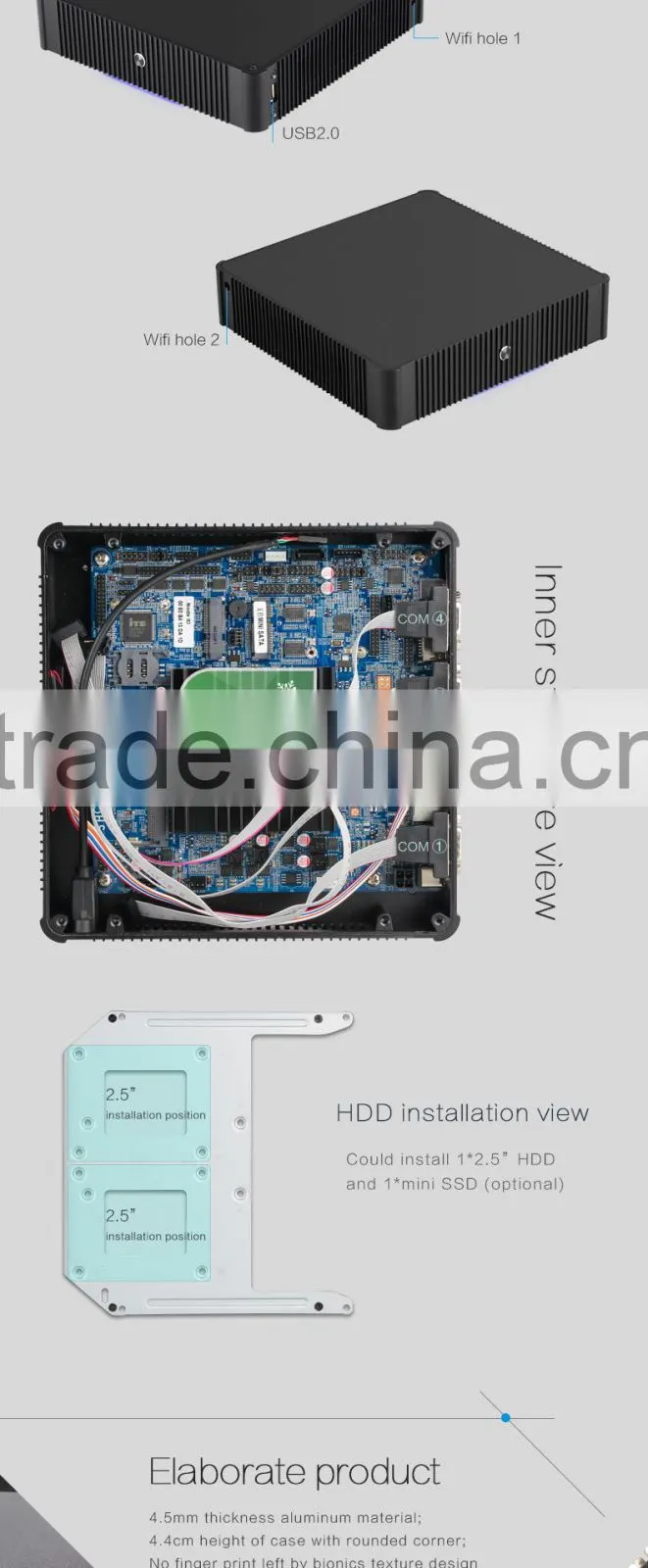 Fanless mini pc 12v mini pc J1900 CPU 4*COM VGA+HDMI windows xp linux system