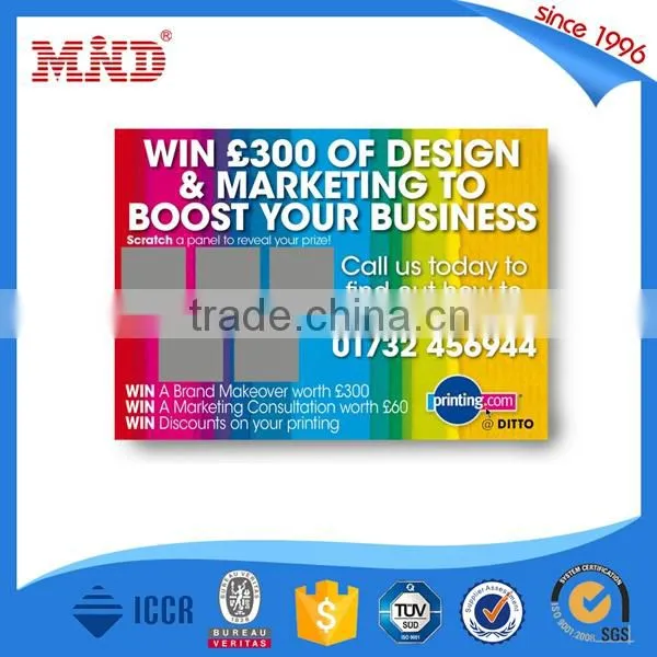 MDP121 custom printing pvc scratch off card/85.5*54mm size plastic lottery scratch card printing