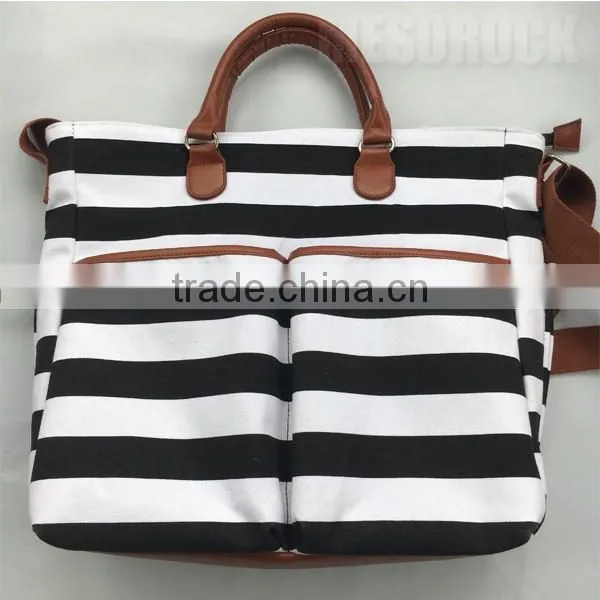 Black & White Stripe Cushioned Canvas Diaper Bag Mummy Bag Baby Diaper Bag