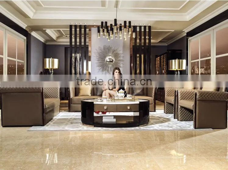 Luxury Italian classic Genuine Leather Sofa Set With Ebony Coffee Table Set, Italian Living Room Furniture(MOQ=1 SET)