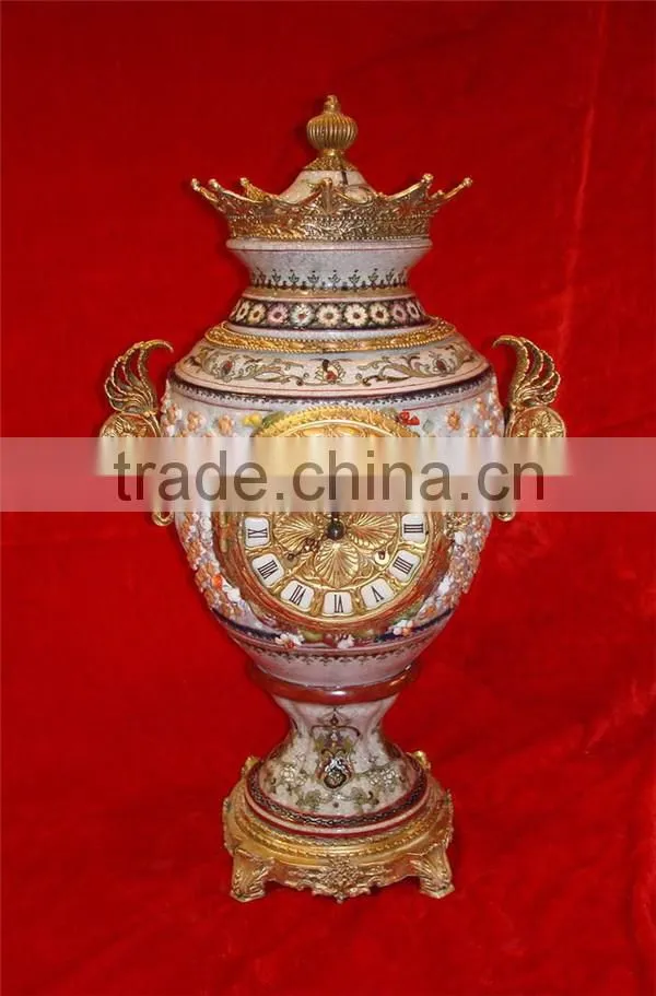 Exquisite Flower and Bird Design Ceramic and Brass Table Clock, Elegant Embedded Urn Jar Table Clock