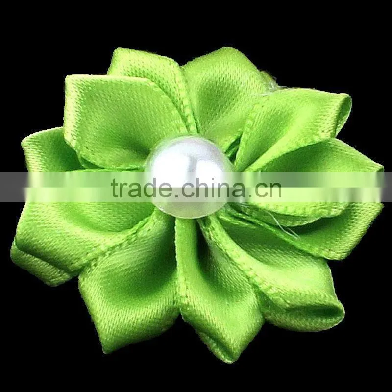 satin ribbon flower with pearl bead center for kids hair accessories